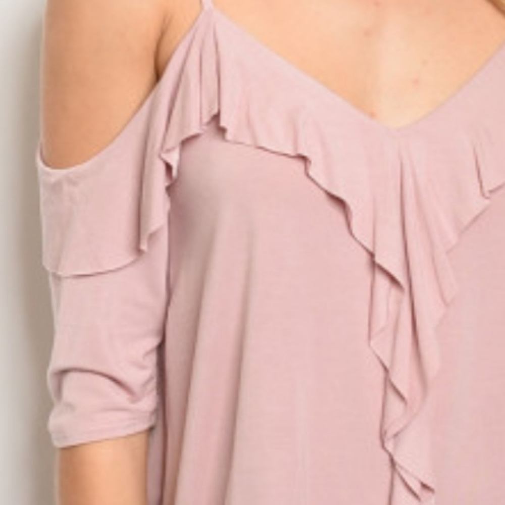 Soft Mauve Ruffled Cold-shoulder top - Picture 3 of 7